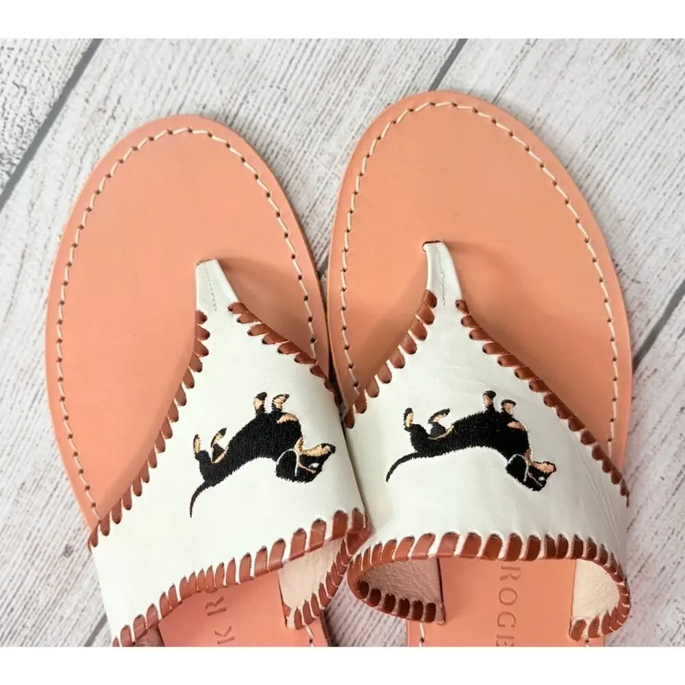 Jack Rogers Embroidered Leather Thong Sandals Dachshund Dog White Brazil Size 11 - Picture 6 of 7